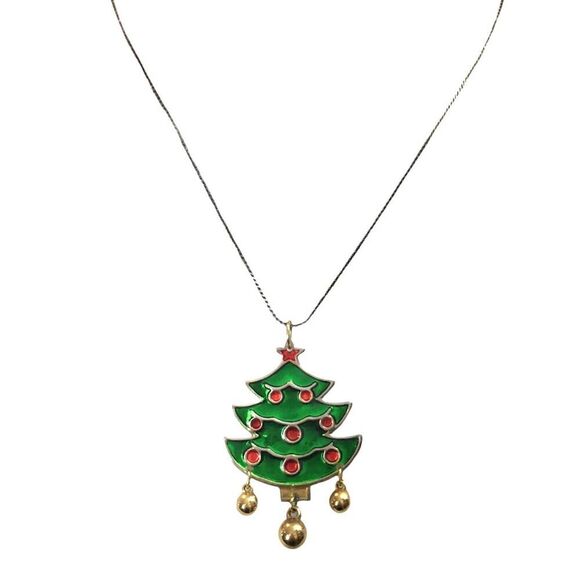 Silver Color 17.5in Christmas Necklace Gold Tone Jingle Bells Green Tree Pendant - Picture 2 of 10
